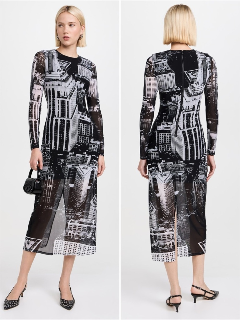 Alice + Olivia Delora Midi Dress NYC Skyline Print Mesh Sheer Bodycon Size 12​